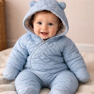 Gap Baby Blue Cozy Quilted Denim Bunting Snowsuit Bear Ears Hooded 0-3 Months